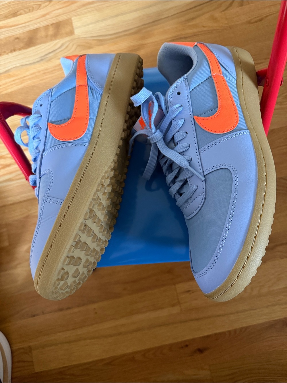 Nike Light Blue and Orange Athletic Shoes with Gold Accents - Picture 2 of 7